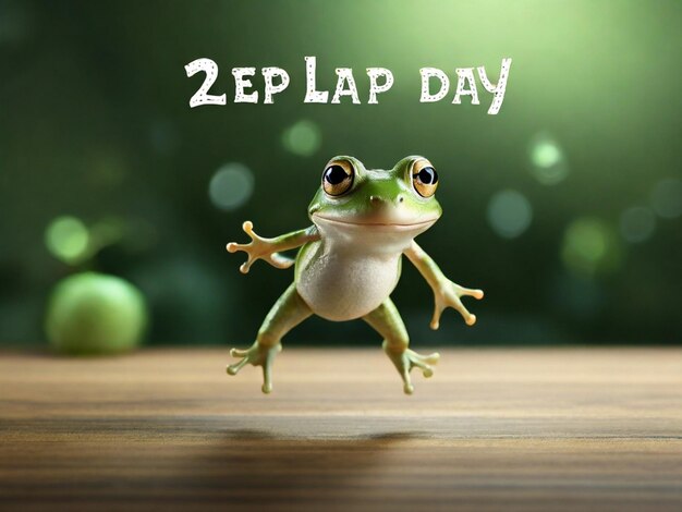 Leap day greeting card with cute jumping Green Frog and Happy Leap Day text