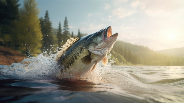 Leaping Bass Fish in River Water