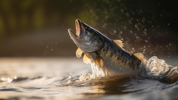 川の水で飛び跳ねるバス魚