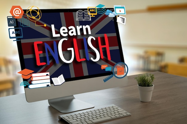 Learn English on the screen man is typing on a laptop with the words on Pc