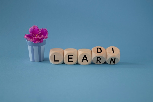 Photo learn and lead symbol turned a wooden cube and changed the word learn to lead blue background