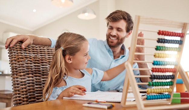 Learning child and homework with father and daughter giving high five to celebrate achievement development and support while sitting st home Happy man help an elementary girl with her math work