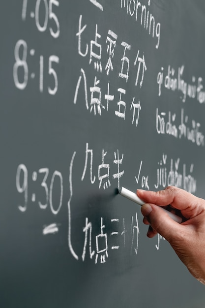 Photo learning chinese to tell time in class room.