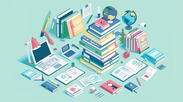 Photo learning environment with illustrations of a colorful and engaging learning environment including books globes and educational posters