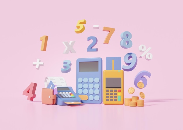 Learning finance education concept calculator calculate basic math operation symbols math plus minus multiplication number divide on pink background 3D render illustration