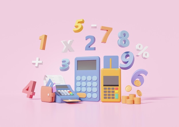 Learning finance education concept calculator calculate basic
math operation symbols math plus minus multiplication number divide
on pink background 3d render illustration