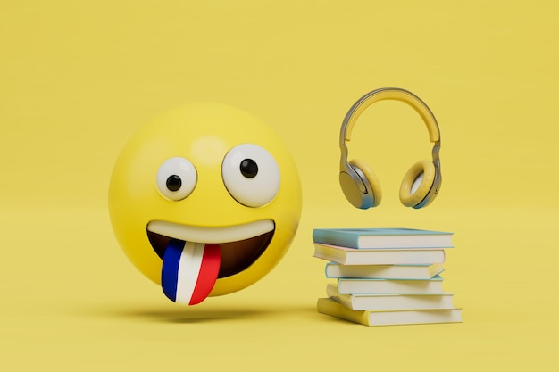 Learning French books headphones and an emoji with a tongue in the form of the flag of France