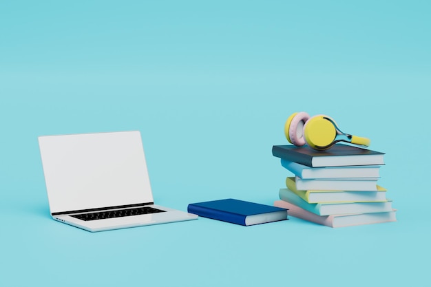 Learning online with audiobooks laptop headphones and books on\
a blue background 3d render