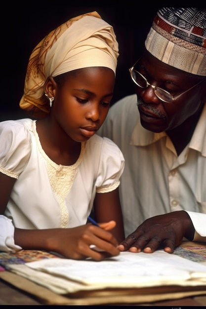 어린 아프리카 소녀와 그녀의 선생님이 수업 시간에 이야기하는 것을 배웁니다.