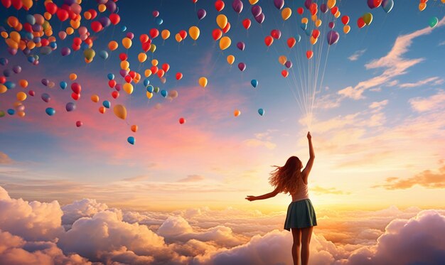 lease of balloons releasing colorful balloon into the sky representing letting go of worry or fear