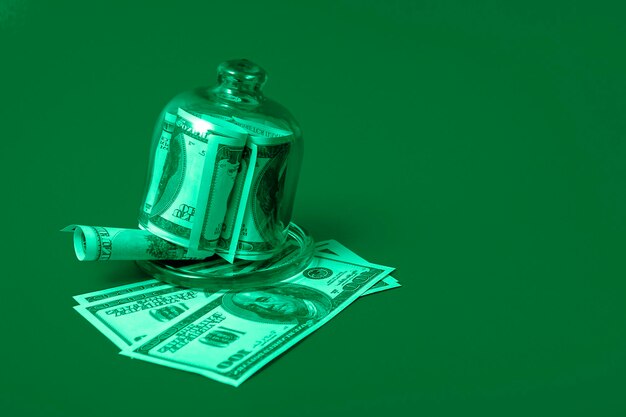 Photo leasing concept. shopping cart and piggy bank with dollar bills on green background, close up. copy space