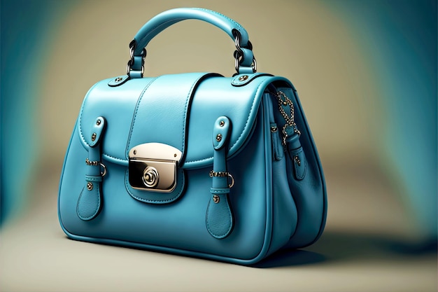 Leather accessories blue women handbag purse on light background