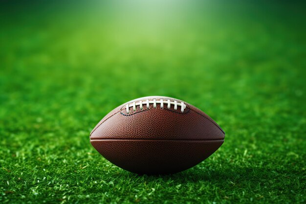 Leather american football ball on green football field