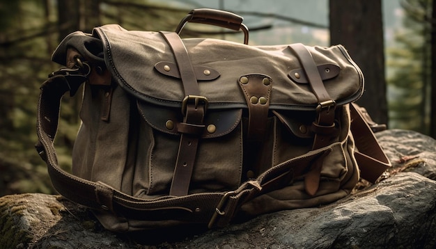 Leather backpack carrying equipment for camping adventure generated by AI