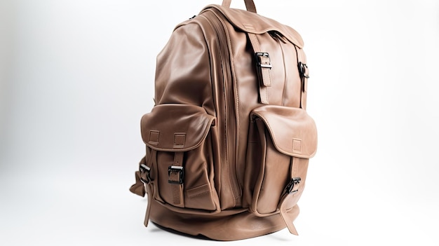 A leather backpack with the word bag on it