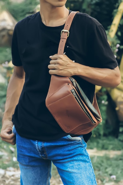 Leather bag a handbag or sling bag made of brown leather in a\
minimalist style or a minimalist and luxurious retro color