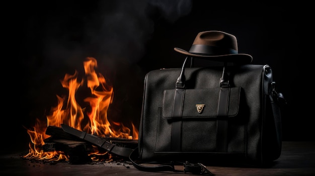 Leather bag and hat on a stone altar in a burning temple