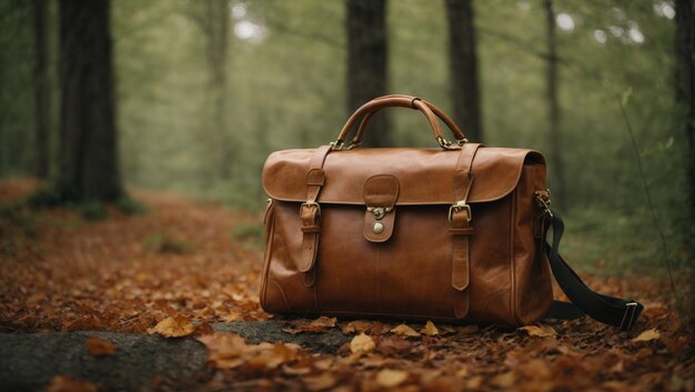 Photo leather bag on table