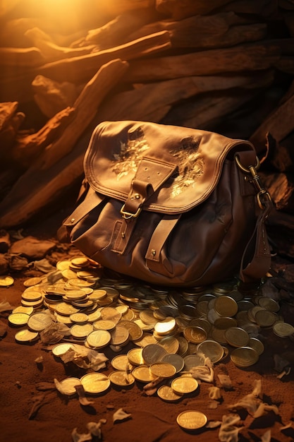 Leather bag with gold coins