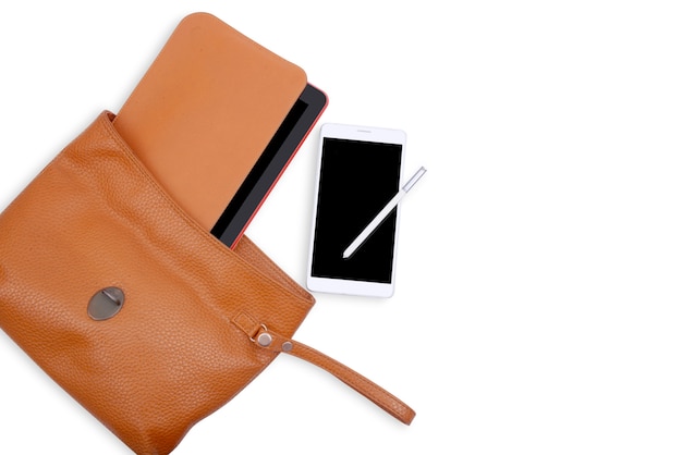 Leather bag with tablet and mobile phone