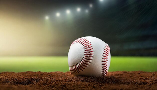 Leather baseball lying on the ground on a baseball field Professional active sport Blurred arena