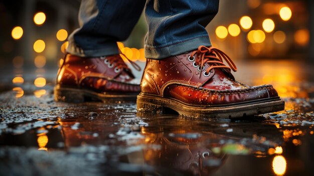 Кожаные ботинки шлепают по мокрой городской дождливой улице