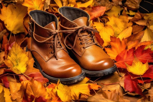Leather boots with autumn leaves scattered around created with generative ai