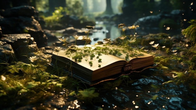 A leather bound book lying open in a vast forest with butterflies flittering about lush green and