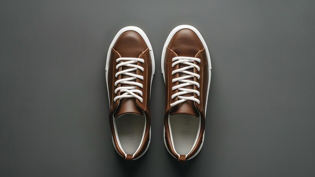 Leather brown mens sneakers with white laces and rubber soles on gray background Fla Generative AI