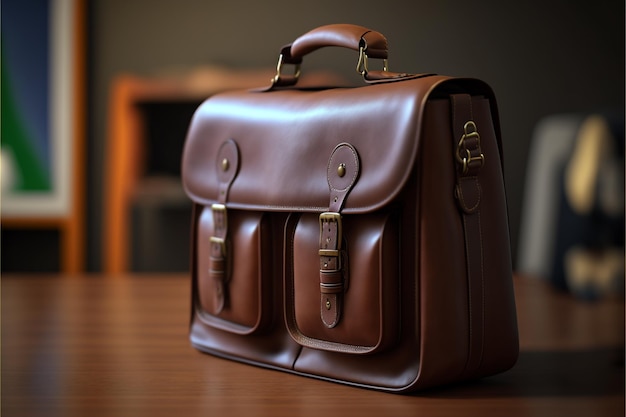 Leather business bag on office background