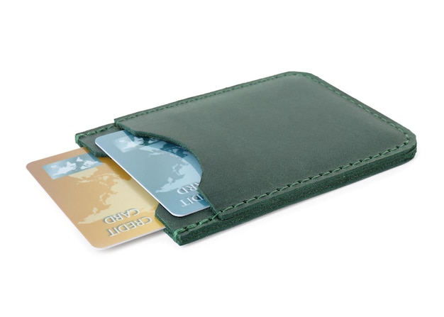 leather card holder with plastic credit cards isolated on white