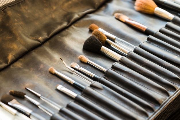 Leather case with professional makeup brushes