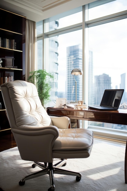 A leather chair sits in front of a desk with a laptop on it There is a large window behind the desk with a view of the city