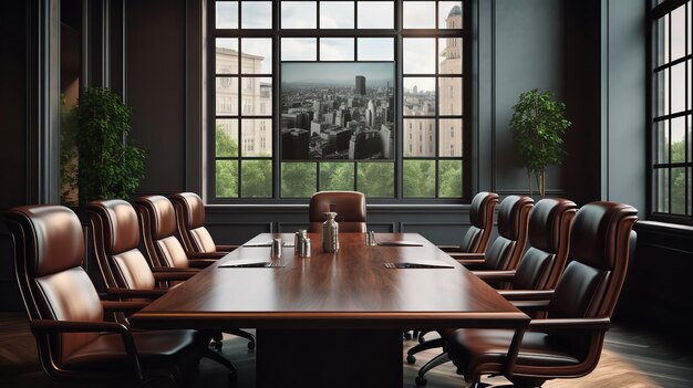 Photo leather chairs and a big mahogany table set in a stylish boardroom empty generative ai