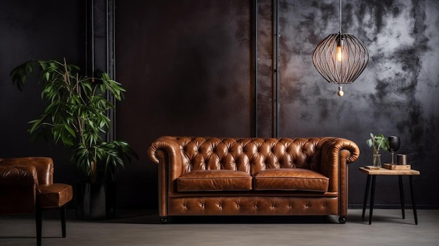 a leather couch with a lamp on the wall behind it