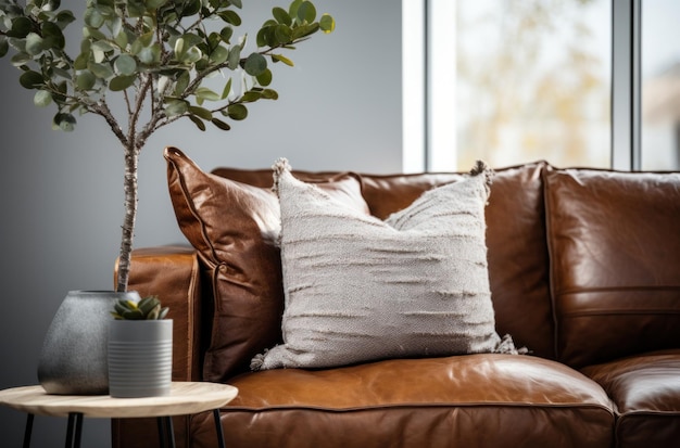 leather couch with throw pillows and a plant on top