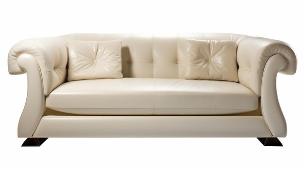 A leather couch with a white pillow and a black pillow.