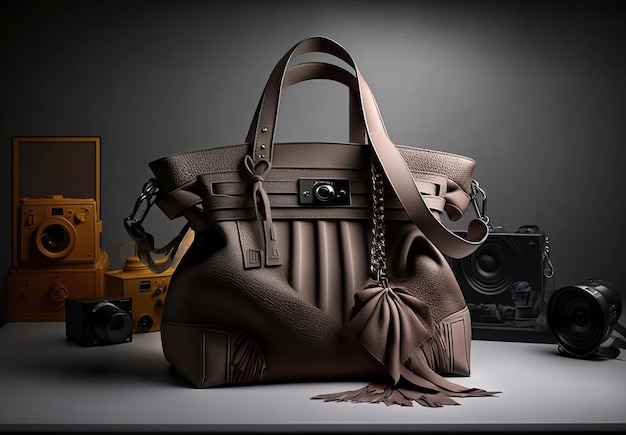 机の上に置かれた金属のディテールが施されたレザー デザイナーの女性用バッグ