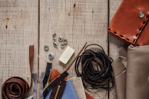 Leather equipment on wooden.