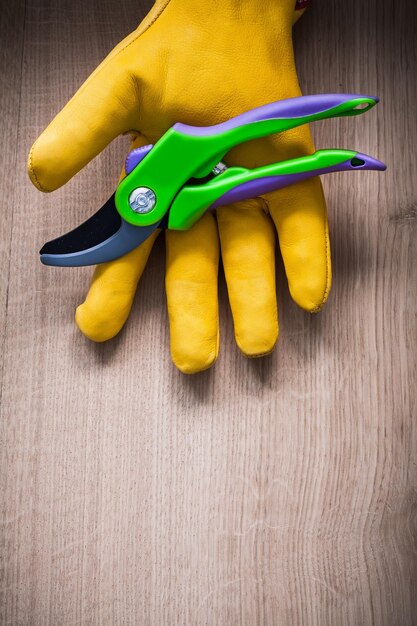 Leather gardening safety glove with secateurs on wooden board agriculture concept