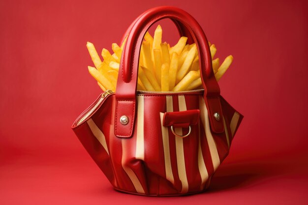 A leather handbag with a pack of fries peeking from the top