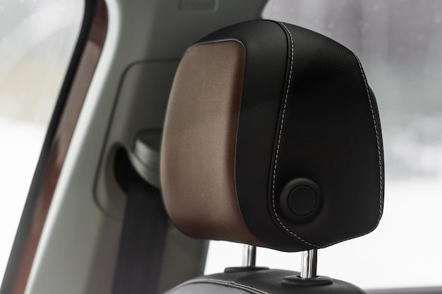 Photo leather headrest in car interior