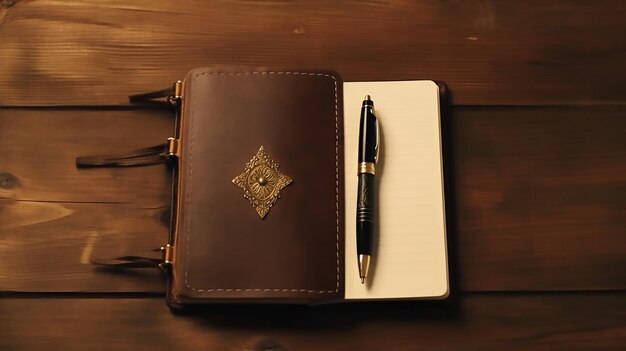 A leather journal with a pen on top of it.