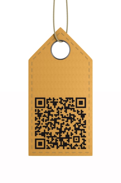 Leather label with QR code on white.