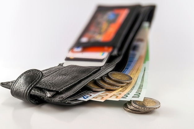 Leather men's open wallet with euro banknotes bills