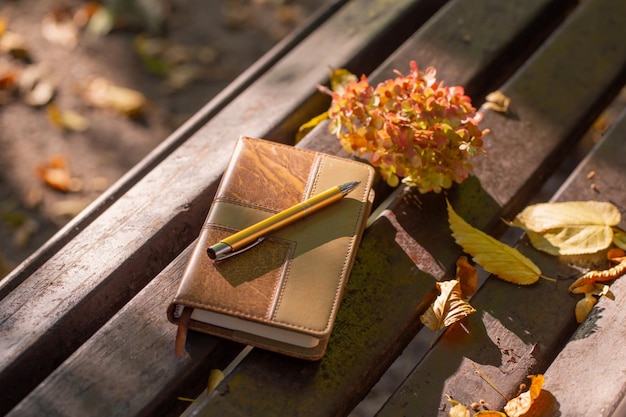 가을 공원의 오래된 나무 벤치에 있는 가죽 공책과 펜