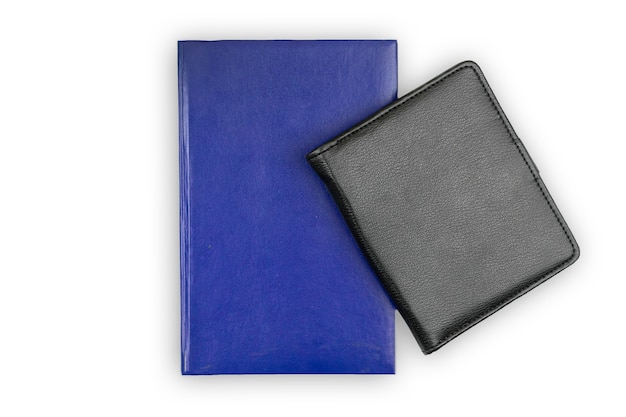 Leather notebooks on white isolated background, top view, mockup and copy space photo