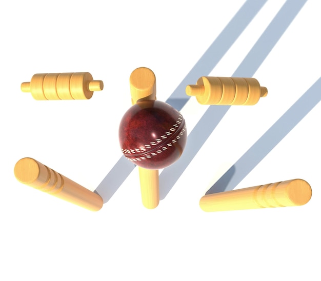 クリケットのゴールを打つ革の赤いボール3dレンダリングイラスト
