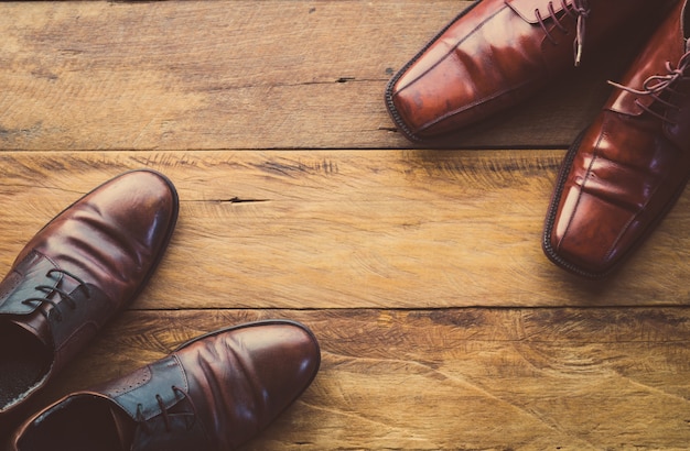 Leather shoes on the wooden floor.