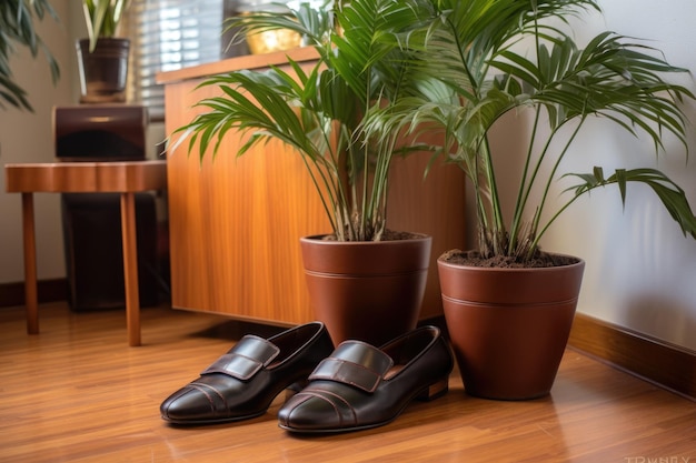 Leather slippers placed near a potted palm tree in a welllit office